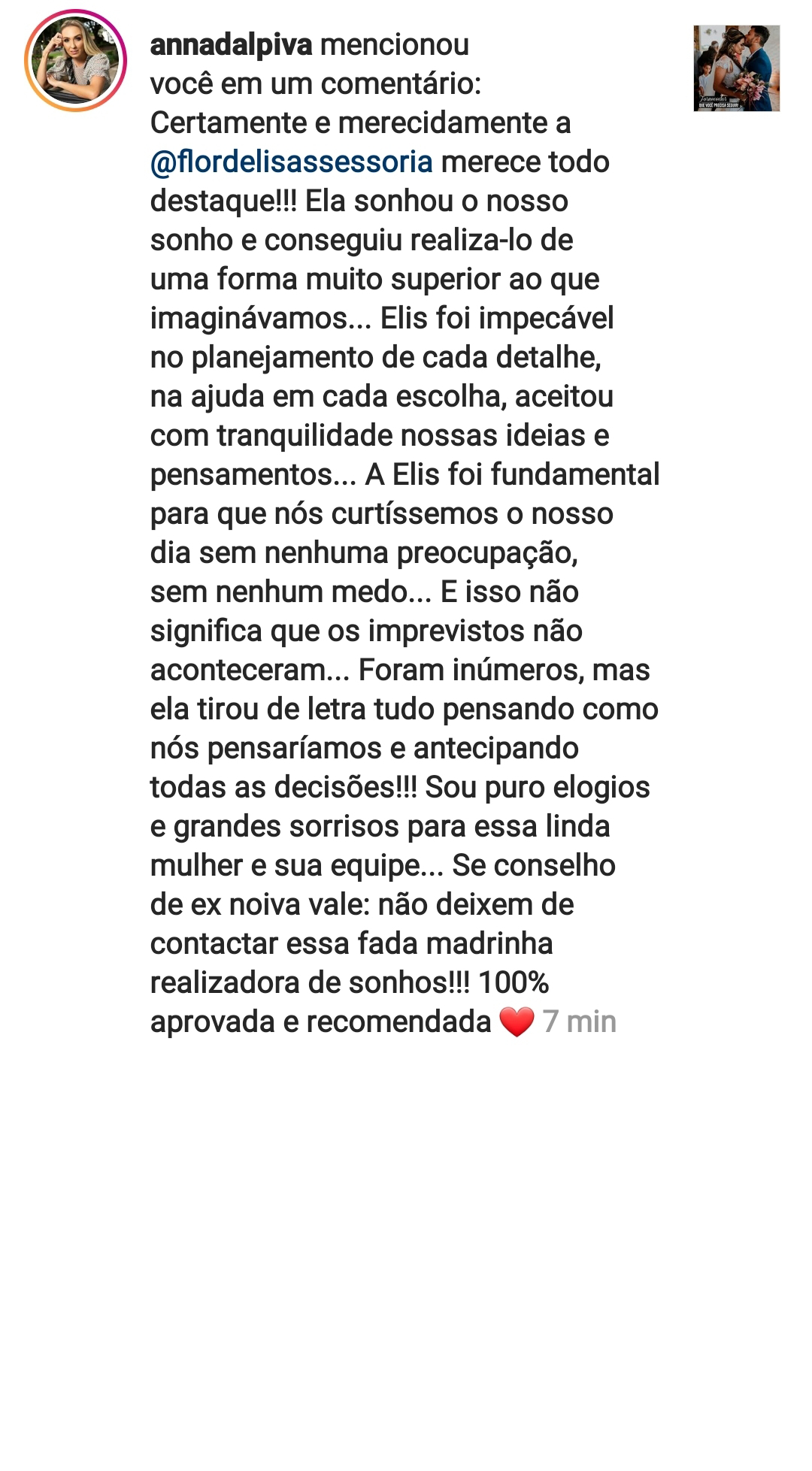 Mensagem da noiva Anna Dal Piva no Instagram sobre a assessoria da Elis